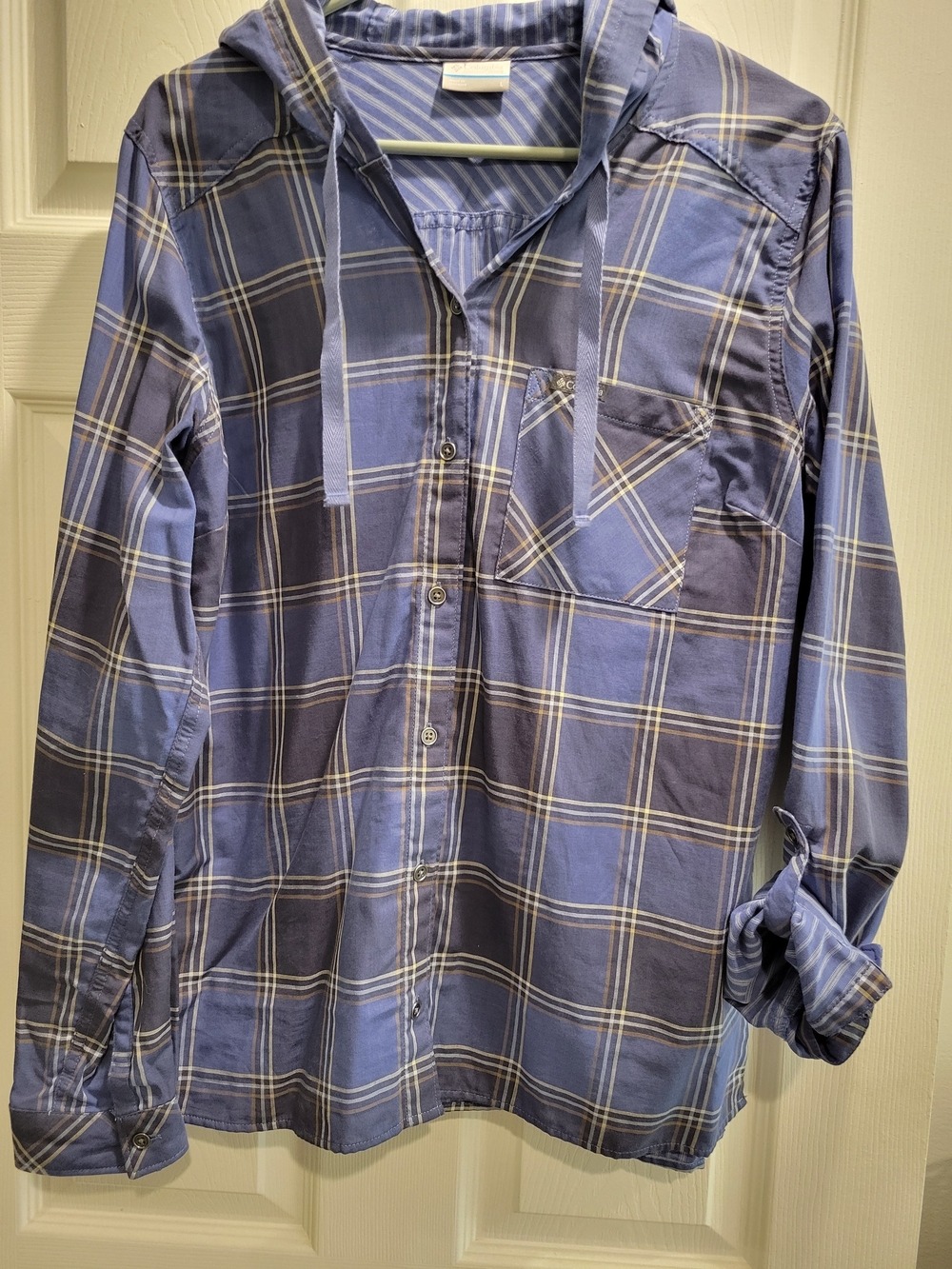 Womens L Columbia Blue and Orange Plaid Hooded Long-Sleeve Shirt - Picture 4 of 8